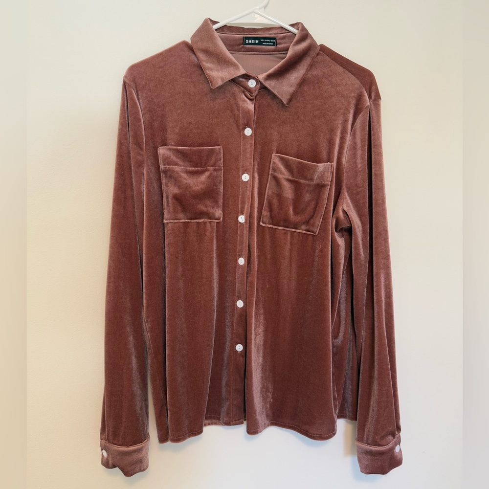 SHEIN Button down velour top, rose color